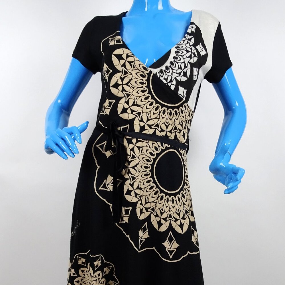 Desigual Mandala Kaleidoscope Slimming Dress M 8 10 Mock Wrap Below Knee Cotton